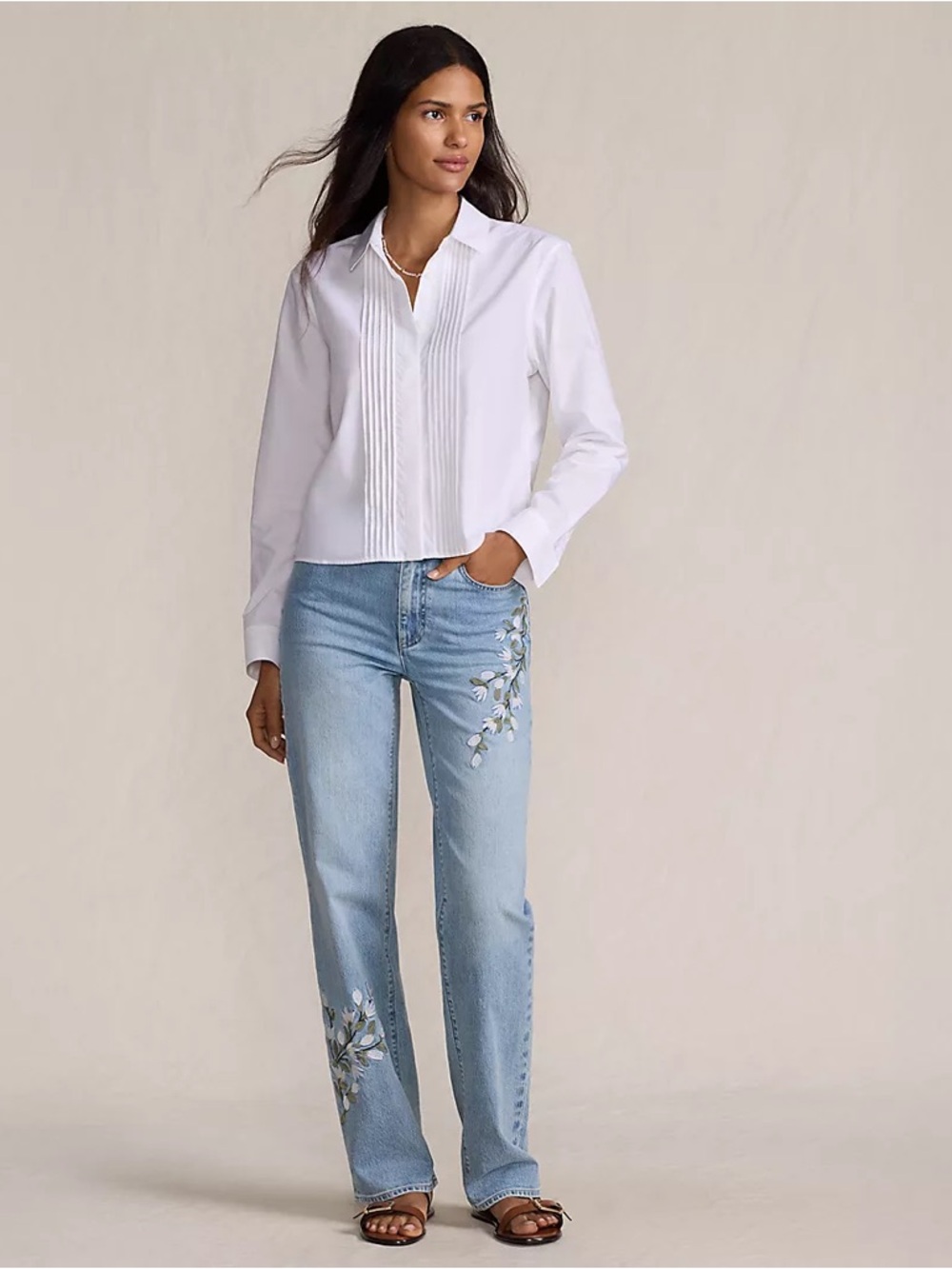Like New Lands End Soft Denim Mid Rise Relaxed Straight Leg Embroidered Jeans